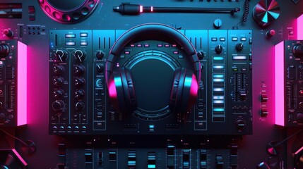 Professional DJ controller with headphones on top