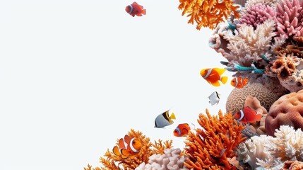 Wall Mural - Underwater coral reef with various fish, vivid colors, isolated backdrop, space for copy text