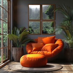 Poster - Cozy living room with modern orange furniture. Bright natural light fills the room through large windows. Stylish, relaxing space with lush green plants. A stunning view of nature. AI