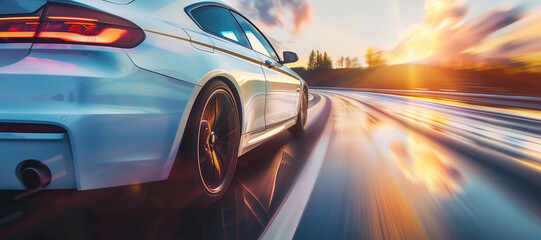 Wall Mural - a white car driving in motion, car on high speed . car rushing along a high-speed highway. banner