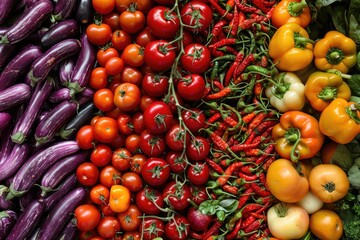 Wall Mural - A colorful assortment of vegetables and fruits, including tomatoes, peppers, and eggplant. Concept of abundance and variety, showcasing the diverse range of produce available