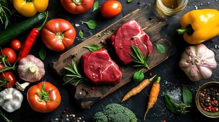 Wall Mural - Cooking a Nutritious Meat Meal Raw Beef Steaks and Veggies Top View