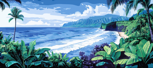 Sticker - Panoramic tropical beach view with lush greenery, palm trees, and blue ocean waves, scenic and tranquil landscape, perfect for travel posters and tropical-themed decor, highlighting coastal paradise