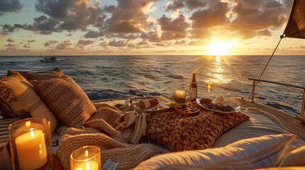 Wall Mural - A boat is docked at the beach with a table full of food and drinks. The table is covered with a blanket and pillows, and there are candles lit around the area