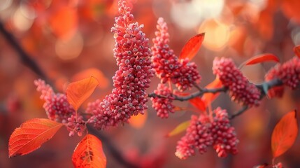 Wall Mural - A branch of red flowers with a blurry background