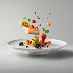 Canvas Print - Exquisite Gourmet Dish with Salmon and Fresh Fruits. Vibrant and Colorful Ingredients Artistically Plated. Perfect for Food Photography and Culinary Art Enthusiasts. AI