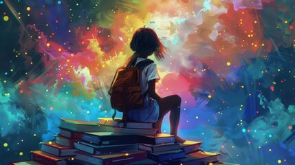 Poster - A girl with a backpack sits atop a stack of books, gazing at a vibrant cosmic display filled with colors and stars.