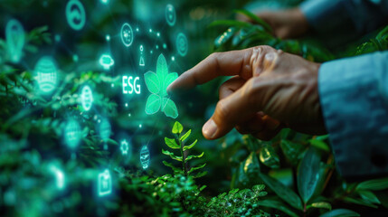 Poster - A person is pointing at a green symbol that says ESG.