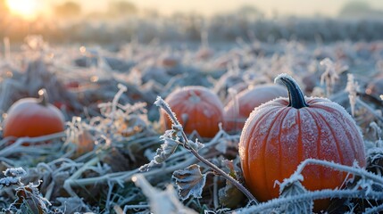 Wall Mural - Pumpkins covered in morning frost in a field