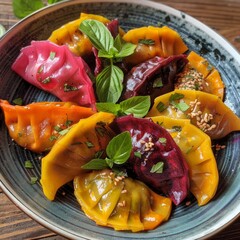 Canvas Print - Colorful dumplings on a ceramic plate. Gourmet food photo. Perfect for food blogs, cookbooks, and culinary websites. Emphasizes gourmet cuisine and artistic food presentation. AI