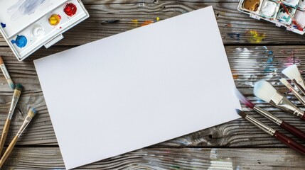 Canvas Print - White papers brushes and palette on wooden table