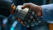 © Erika - mano de un hombre tomando la mano de un robot haciendo trato de negocios con robots tecnologia e innovacion futurista concepto de tecnologia