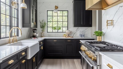 Stylish kitchen interior combining dark and light cabinets, gold touches, and marble finishes