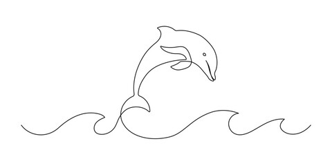 Leinwandbilder - One continuous line drawing of dolphin. Sea animal in wildlife in simple linear style. Summer concept in Editable stroke. Doodle contour vector illustration