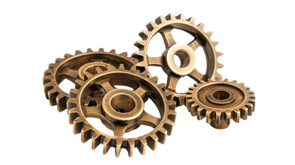 Old brass metal gears on transparent background