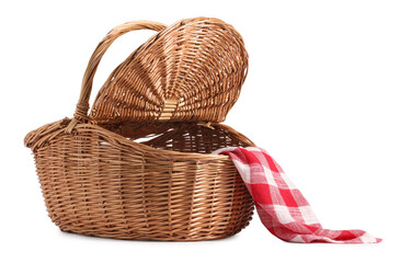 Wall Mural - One open picnic wicker basket with checkered napkin isolated on white