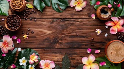 Sticker - Spa treatment with flowers and coffee beans on wooden backdrop