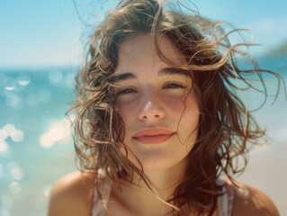 A young woman stands on the edge of the beach, looking out at the sea