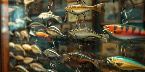 Hooked on History: Antique fishing hooks and lures displayed in a glass case, accompanied by vintage photos of anglers.