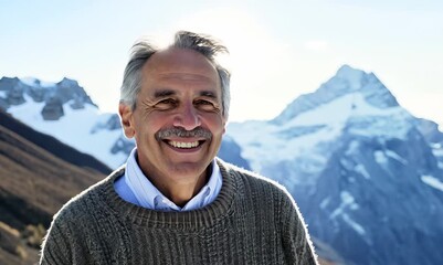 Wall Mural - Medium shot portrait video of a satisfied man in his 50s wearing a cozy sweater against a snowy mountain peak or summit background