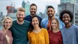 © thekob5123 - Group portrait of diverse friends from various ethnic backgrounds, smiling and enjoying each other's company, with a vibrant cityscape in the background, with copy space for text