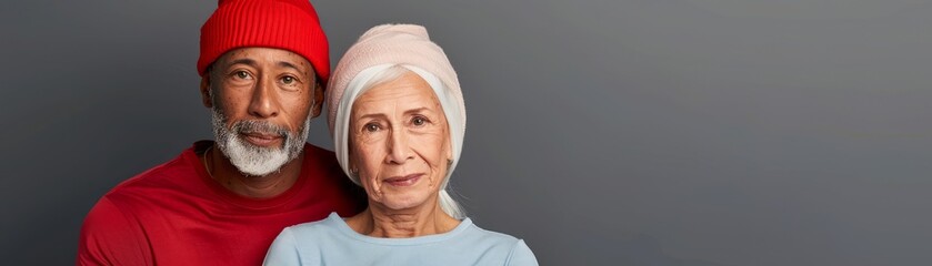 Portrait of an elderly couple from different ethnic backgrounds, holding hands and smiling warmly, showcasing love and diversity, with copy space for text