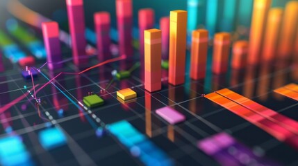 Leinwandbilder - A 3D bar graph with colorful bars rising from a grid base, representing financial growth.