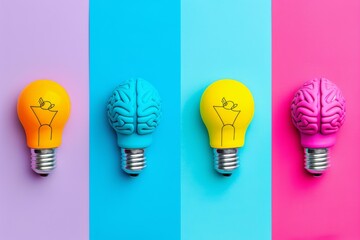 Sticker - Colorful brain and light bulb icons on a vibrant pastel background representing creativity and innovation.