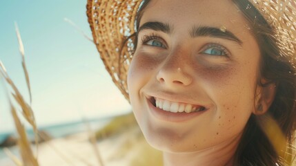 A woman relaxing on the beach with a straw hat, surrounded by natural scenery