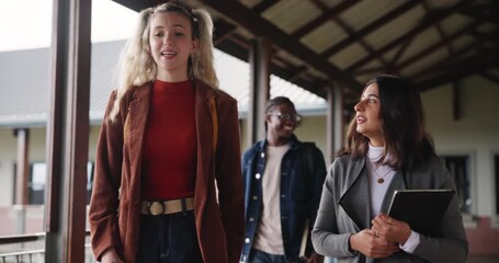 Poster - Advice, university and girl friends in conversation for education, scholarship or studying for exam. Happy, bonding and female students talking at college campus preparing for class test in lecture.