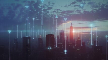Poster - A city skyline with digital icons representing wireless communication networks.