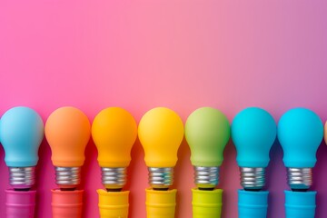 Colorful row of brain shaped light bulbs on a pastel gradient background emphasizing creativity and innovation.