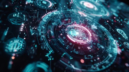 Fototapete - A futuristic concept of wireless communication with holographic displays and digital icons.