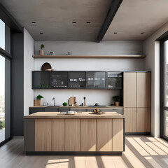 Modern wood and concrete kitchen interior with empty mock up place on wall, island, appliances and window with city view and daylight. 3D Rendering.
