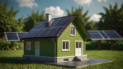 A 3D model of a house in a green environment with solar panels on the roof represents financial and energy savings