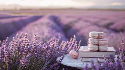 Wall Mural - Lavender Field with Macarons and Books