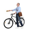 © New Africa - Happy postman with bicycle delivering letters on white background
