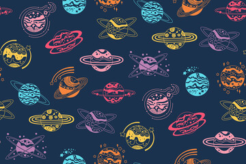 Wall Mural - Fantasy planets doodle seamless pattern. Abstract planets boundless background. Fantastic galaxy endless cosmos design repeat print, fabric textile, repeat wrapper space astronomical backdrop template