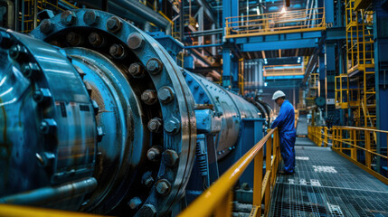 Wall Mural - A factory worker in a blue uniform inspects large industrial machinery, ensuring proper functionality in a modern manufacturing facility.