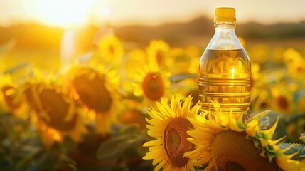 Sticker - Sunflower Oil Bottle in a Field of Sunflowers at Sunset