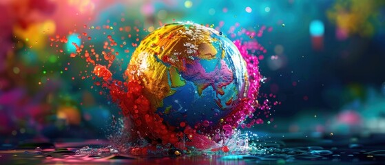 Vibrant and Colorful Abstract Globe with Splashes of Paint Representing Global Creativity and Diversity