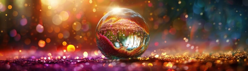 Wall Mural - Vibrant Abstract Glass Sphere with Colorful Bokeh Lights in Background, Reflective Artistic Photography