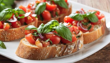 Poster -  Freshly prepared bruschetta with tomatoes and basil ready to be savored