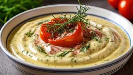 Wall Mural -  Delicious dip with fresh herbs and cherry tomatoes