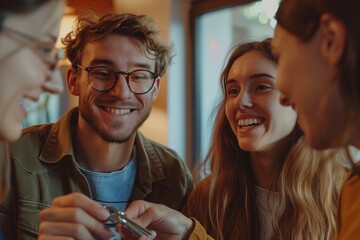 Wall Mural - Happy millennial couple receiving keys from realtor, purchasing real estate