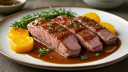 Canvas Print -  Deliciously grilled steak with citrus and herbs