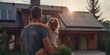 © Alexander Chaykin - A man holds a young girl close in front of a cozy house, suitable for family scenes or warm moments