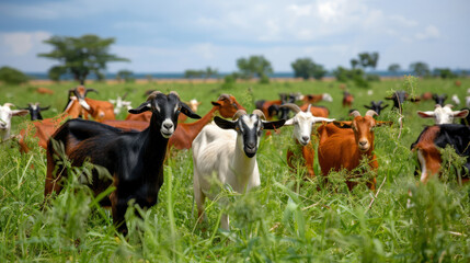 Wall Mural - A diverse herd of goats grazing in a wide-open field, surrounded by greenery and trees in the distance.