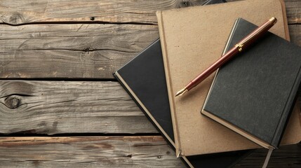 Sticker - Top view photo of two notebooks pencil and fountain pen on wooden table with copy space