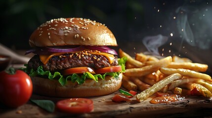 Wall Mural - Delicious hamburger with french fries on wooden table